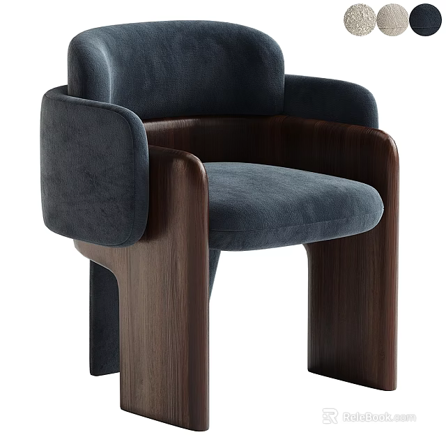 Elegant Modern Single Chair Featuring Dark Blue Upholstery Wooden Armrests And Legs 3d model 