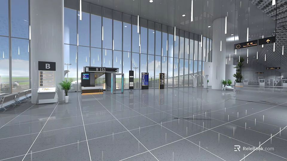 Spacious Airport Interior With Large Windows Shiny Floor Gate Signs And Green Plants 3d model 