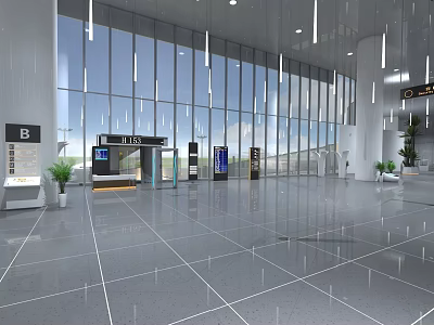 Spacious Airport Interior With Large Windows Shiny Floor Gate Signs And Green Plants 3d model