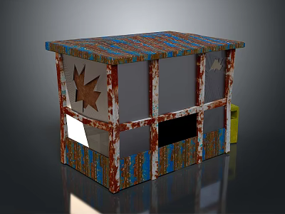 Rusty Metal Kiosk With Striped Roof Star Decoration And Blue Brown Panels 3d model