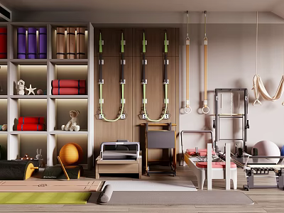 Home Gym Sports Equipment With Resistance Bands Gymnastic Rings Yoga Ball And Storage Shelves 3d model