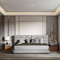 Modern Bedroom Interior Design With Gray Headboard Multiple Pillows And Geometric Accent Wall 3d model