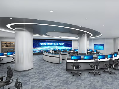 Modern Monitoring Room With Smart Security Command Screens Control Desks And Office Chairs 3d model