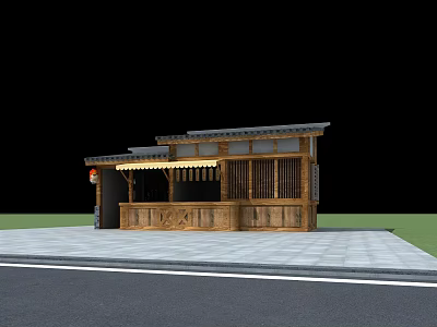 Traditional Wooden Kiosk With Classic Roof Stone Pavement And Grassy Area 3d model