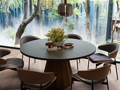 Natural Modern Round Dining Table Set with Chairs Green Plant and Glass Window Trees Mist 3d model