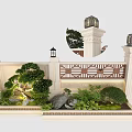 Traditional Chinese Entrance Gate With Garden Plants Decorative Railings And Stone Lanterns