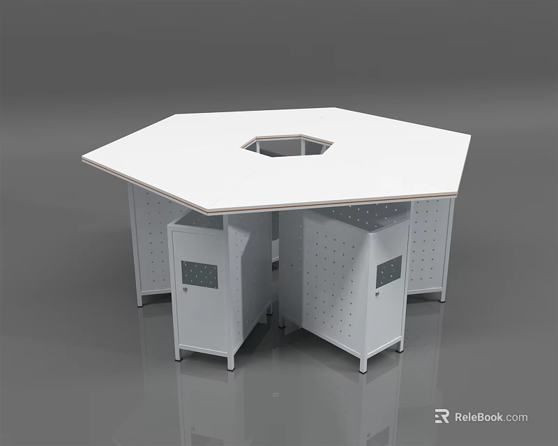 Octagonal White Office Desk With Multiple Locker Storage Units And Functional Design 3d model