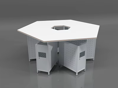Octagonal White Office Desk With Multiple Locker Storage Units And Functional Design 3d model