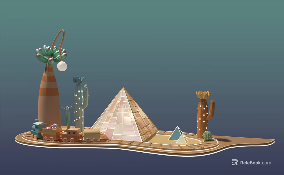 Desert Inspired Model Scene With Geometric Pyramid Cacti And Small Decorative Elements 3d model 