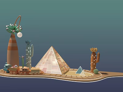 Desert Inspired Model Scene With Geometric Pyramid Cacti And Small Decorative Elements 3d model