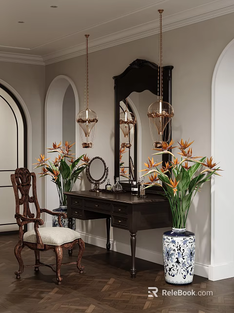 Dark Wooden Vanity Table With Mirror Glass Pendant Lights And Orange Bird Of Paradise Flowers 3d model 