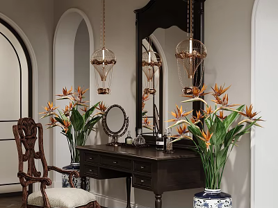 Dark Wooden Vanity Table With Mirror Glass Pendant Lights And Orange Bird Of Paradise Flowers 3d model