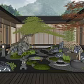 Traditional Japanese Courtyard Garden With Stone Lanterns Moss Maple Tree And Wooden Deck