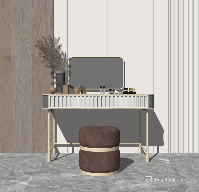 Modern Dressing Table With Mirror Brown Stool And Decorative Items On Wall 3d model