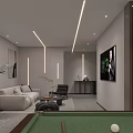 Modern Entertainment Space With Black Red Pool Tables Wall Posters Illuminated Sign And Gray Carpet