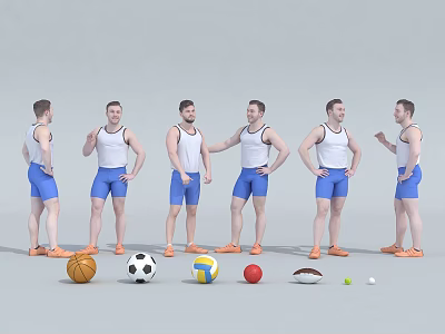 Group of Men in White Tank Tops and Blue Shorts with Various Sports Balls 3d model