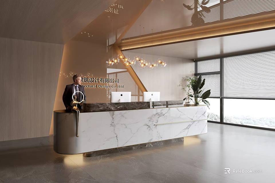 Modern Office Reception Desk With Marble Counter And Hanging Lights Near Large Windows 3d model 