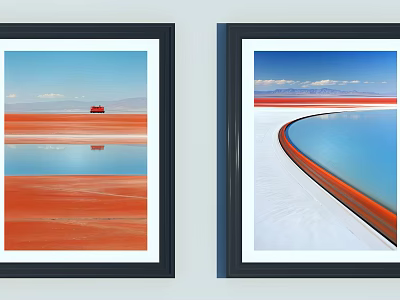 Landscape Paintings With Red White Ground Blue Water Mountain Red Vehicle And Orange Curved Edge 3d model