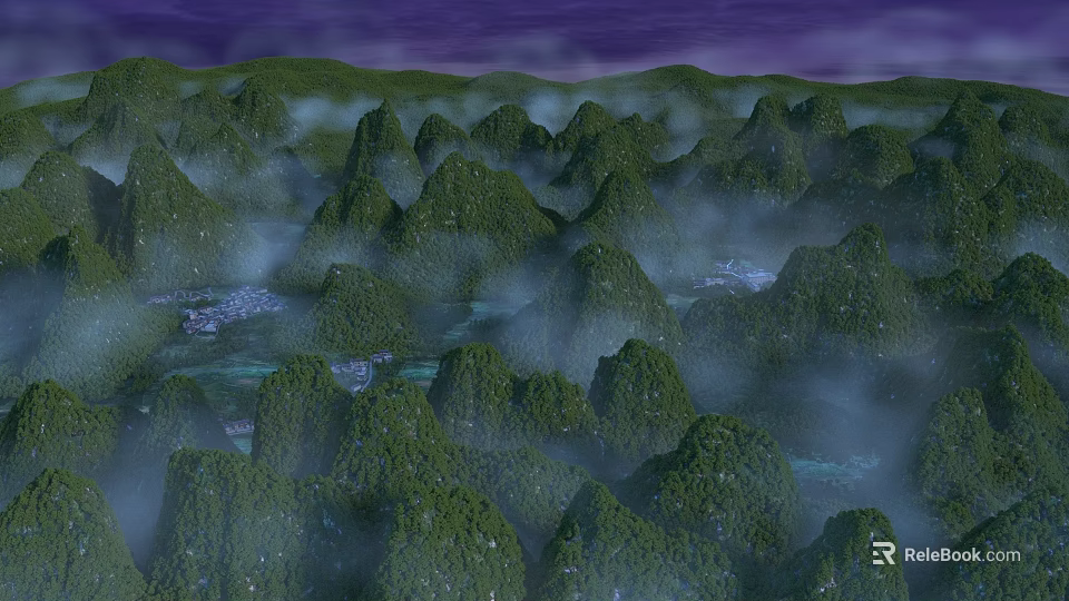 Breathtaking Green Karst Mountain Landscape With Winding Rivers Wreathed In Mist Under Purple Twilight Sky 3d model 