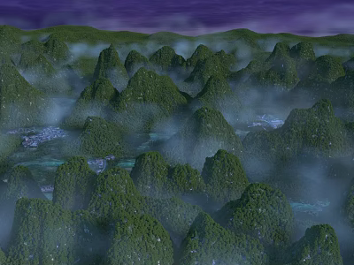 Breathtaking Green Karst Mountain Landscape With Winding Rivers Wreathed In Mist Under Purple Twilight Sky 3d model