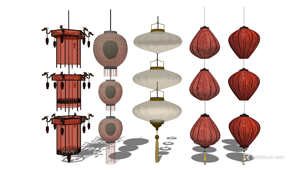 Traditional and Modern Chinese Lanterns With Red White Designs And Tassels 3d model 