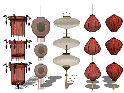 Traditional and Modern Chinese Lanterns With Red White Designs And Tassels 3d model