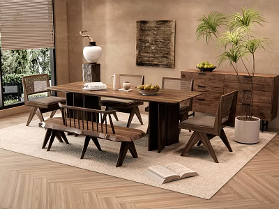 Cozy Wooden Dining Table Set with Chairs Bench Green Plant and Cabinet 3d model