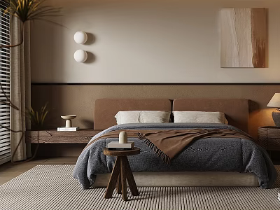 Cozy Double Bed With Brown Headboard Blue Bedspread Brown Blanket Side Table And Wall Art 3d model