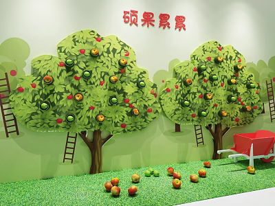 Abundant Fruit Orchard With Green Trees Ladders Red Cart And Grass Ground 3d model