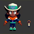 Adorable Cartoon Cowboy Character In White Hat Red Skin Blue Outfit With Small Tool