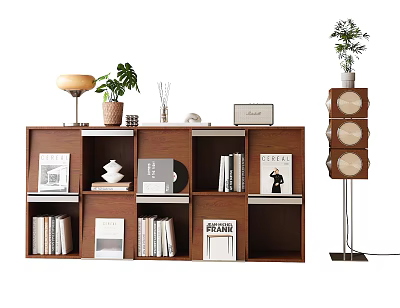 Modern Wooden Bookshelf With Multiple Shelves Books Decorative Items And Green Plants 3d model