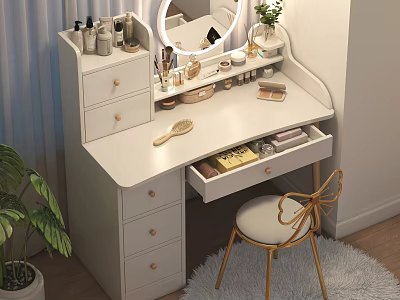 White Vanity Table with Lighted Mirror Cosmetics Drawers and Gold Frame Butterfly Back Chair 3d model