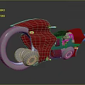 Futuristic Red and Blue Motorcycle Featuring Metallic Components Silver Ring Structure and Reflective Finish