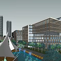 Modern Office Buildings Complex With Lush Green Trees And Pedestrian Walkway