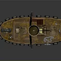 Pirate Ship Model with Yellow Hull Purple Skull Flag Round Windows and Deck Details