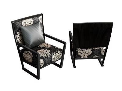 Black Frame Accent Chair With Ornate Patterned Upholstery And Comfortable Cushion Design 3d model