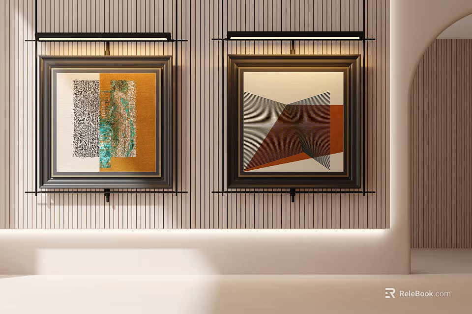 Two Black Framed Abstract Paintings On Striped Wall With Geometric Patterns And Gold Brown Tones 3d model 