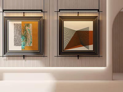 Two Black Framed Abstract Paintings On Striped Wall With Geometric Patterns And Gold Brown Tones 3d model