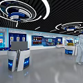 Showroom Interior With Product Display Blue Background White Counters And Human Models 3d model