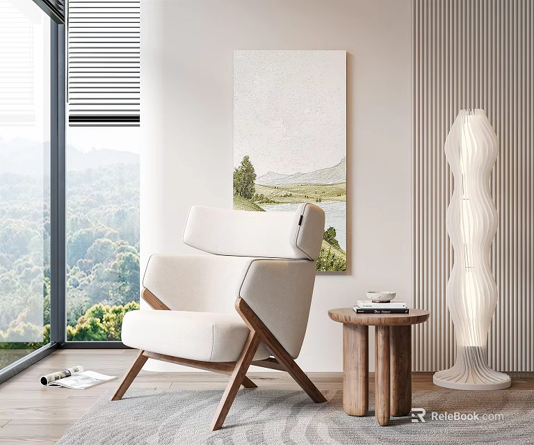 White Leisure Chair With Wooden Side Table Floor Lamp Wall Art And Large Window View 3d model 