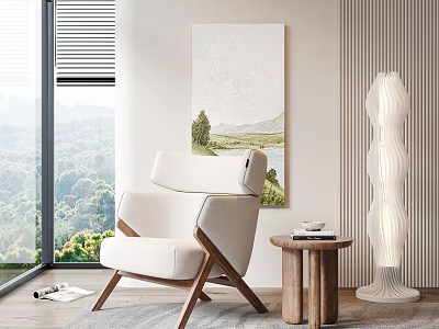 White Leisure Chair With Wooden Side Table Floor Lamp Wall Art And Large Window View 3d model