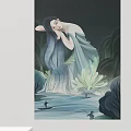 Figure Painting of Long Haired Woman in Flowing Dress with Natural Background and Small Boat