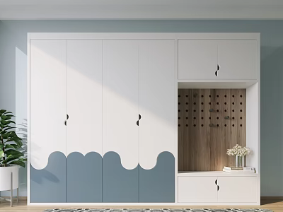 Modern Wardrobe With White Blue Wavy Bottom Design And Wooden Grid Storage Compartment 3d model