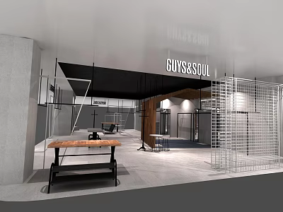 GUYS&SOUL Clothing Store Interior Design With Display Racks And Wooden Table 3d model