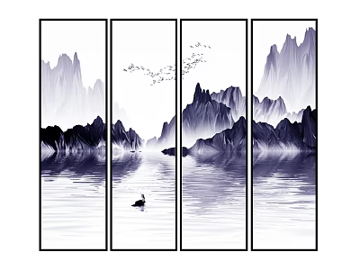 Four Panel Chinese Landscape Painting With Mountains Water Flying Birds And Swan 3d model