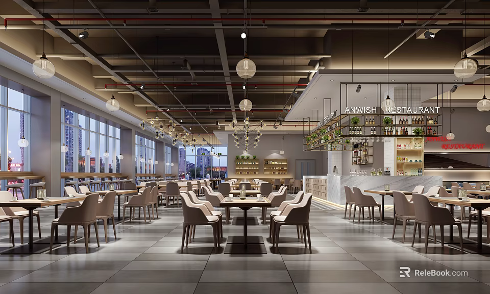 Modern Restaurant Interior With Wooden Tables Chairs Hanging Pendant Lights Large Windows Bar And Green Plants 3d model 