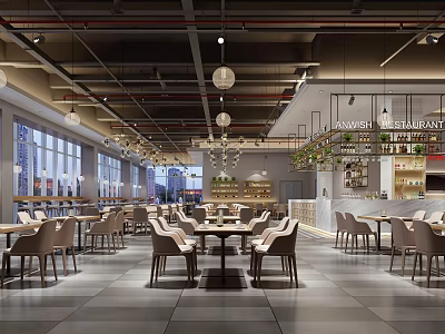 Modern Restaurant Interior With Wooden Tables Chairs Hanging Pendant Lights Large Windows Bar And Green Plants 3d model