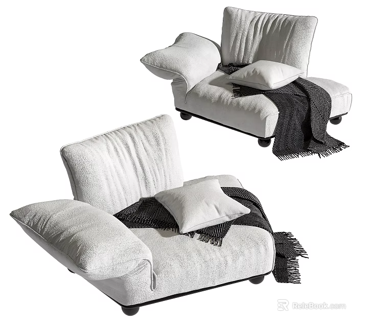 Comfortable White Single Sofa With Plush Cushions And Fringe Throw Blanket 3d model