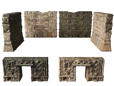 Ancient Stone Architectural Components With Intricate Carvings And Ruin Structures 3d model