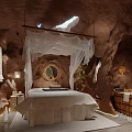 Cave Like SPA Sauna Retreat With Canopy Massage Bed Round Mirror And Pool Plants